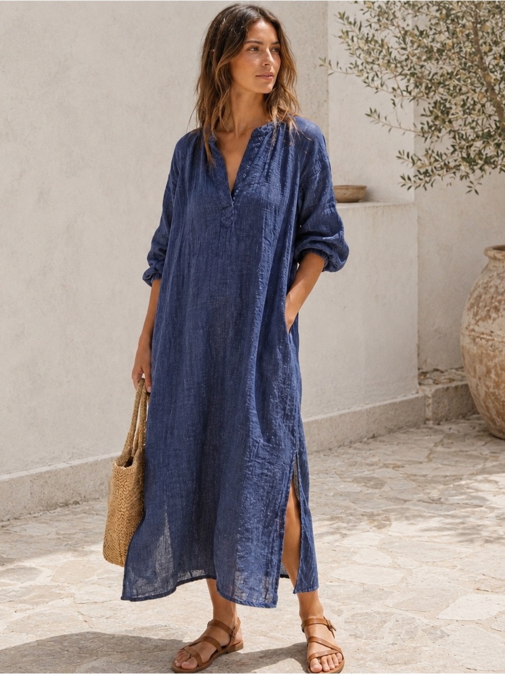 Zara Blue Gauze Linen Blend Midi Dress Pockets XS Relaxed Fit Boho Coastal